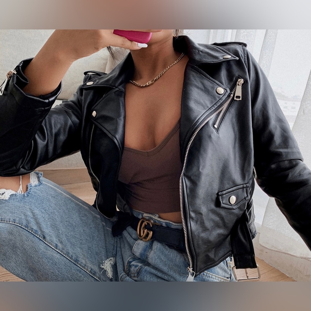 SHEIN Unity Notch Neck Zip Front Belted PU Leather Jacket